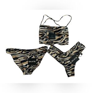Skatie XS Marble Animal Print 3pc Bikini Set Tie Top + 2 Bottoms NWT